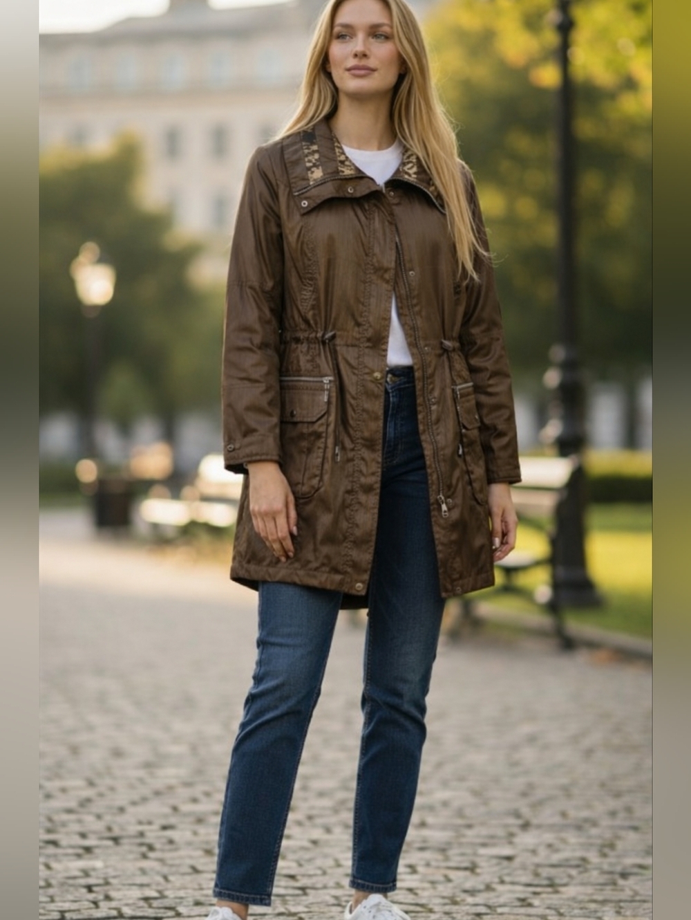 Brown Longline Trench Coat with Animal Print Chain Lining‎ – Y2K Mob Wife Size L